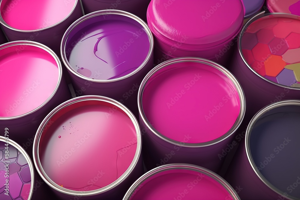  a group of purple paint cans stacked on top of each other with different colors of paint in them on