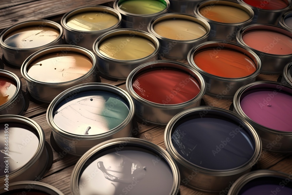  a group of paint cans with different colors of paint in them on a wooden surface with a wooden surf