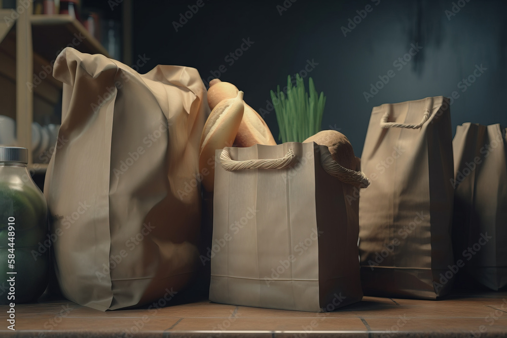  a bunch of bags that are sitting on a counter top next to a bottle and a can of soda on a table wit