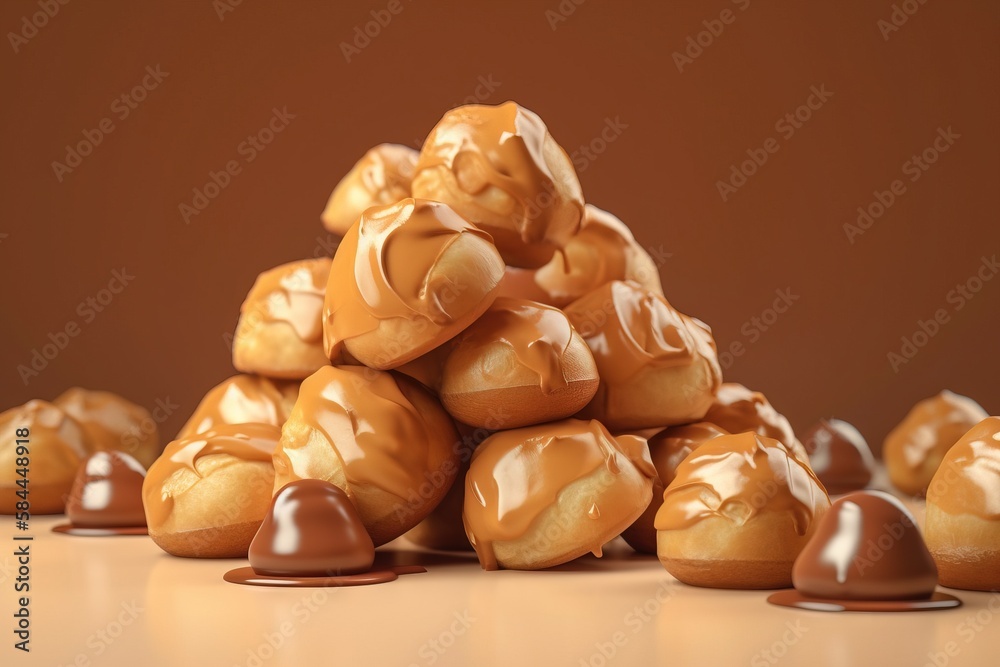  a pile of chocolate covered donuts sitting on top of a table next to a pile of chocolate covered do