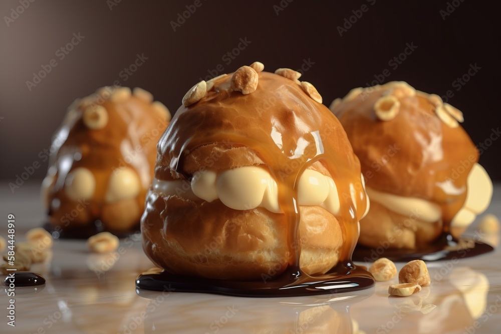  a group of donuts that are sitting on a table with chocolate drizzled on them and nuts on the groun