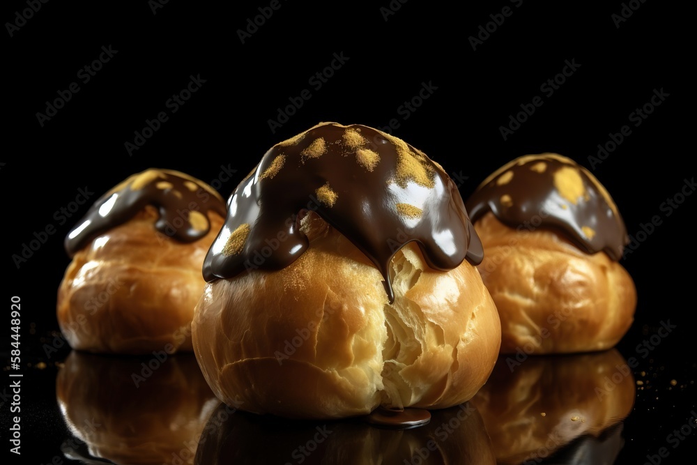  a close up of a pastry with chocolate on top and other pastries in the background on a reflective s