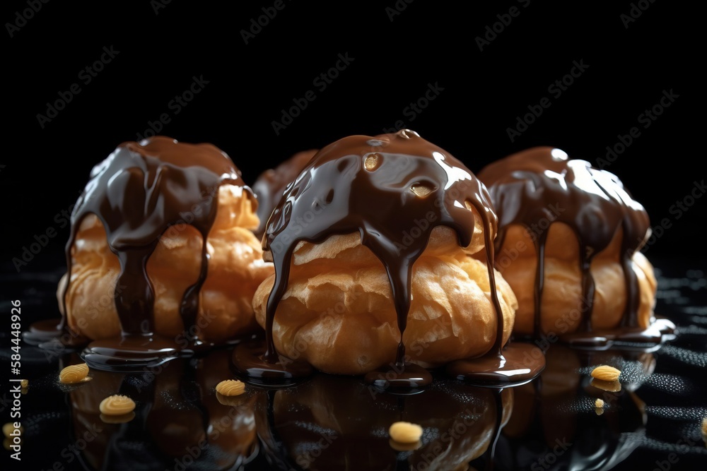  a group of buns with chocolate drizzled on top of them on a black surface with a reflection of the 