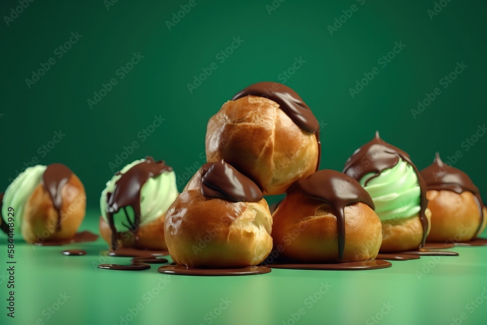  a group of donuts with chocolate and green frosting on them on a green surface with chocolate drizz