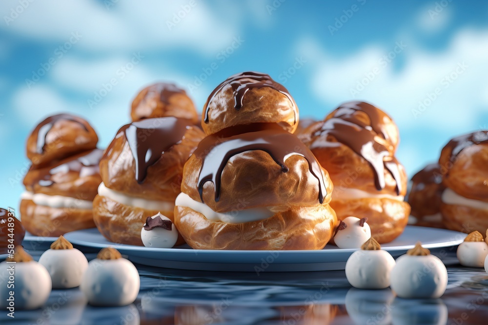  a plate of donuts with marshmallows around them on a blue tablecloth with clouds in the background 