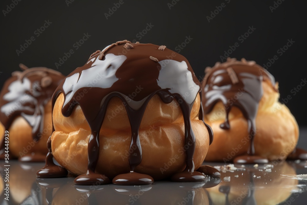  a group of donuts with chocolate drizzled on top of them on a reflective surface with a black backg