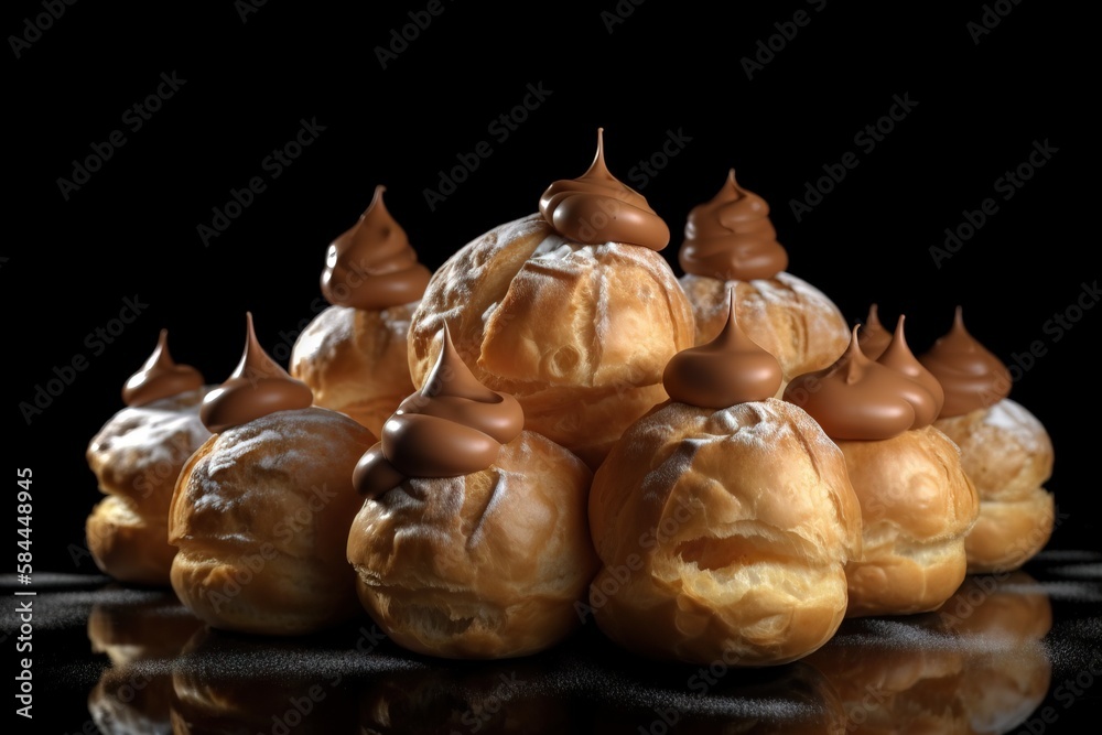  a pile of pastry sitting on top of a black table next to a black background with a reflection on th