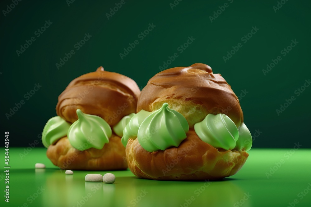  a couple of doughnuts with green frosting on them sitting on a table next to some white pills and a