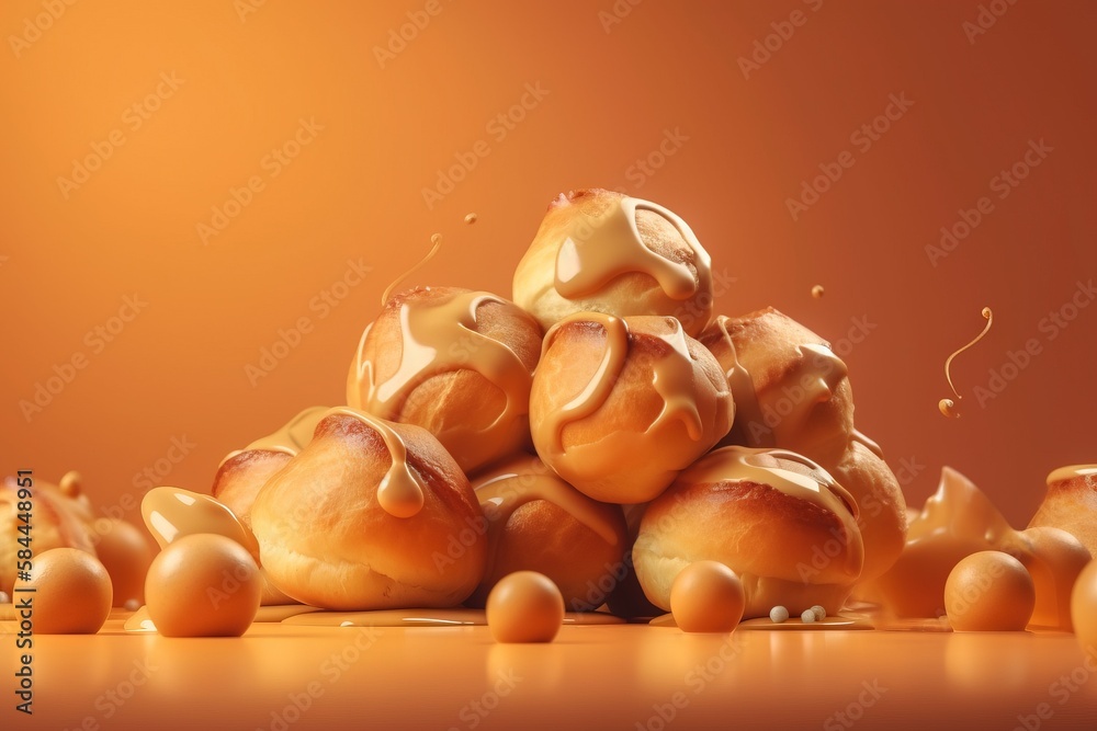  a pile of bread with a lot of icing on top of it on a table next to a group of buns on a table.  ge