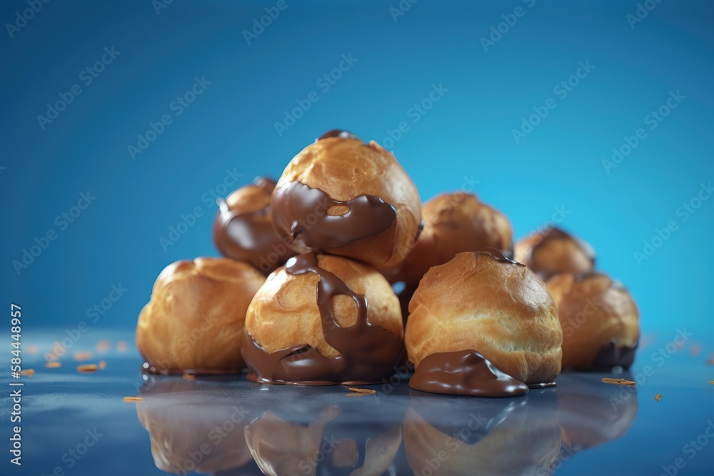  a pile of chocolate covered donuts sitting on top of a blue table top next to a blue background wit