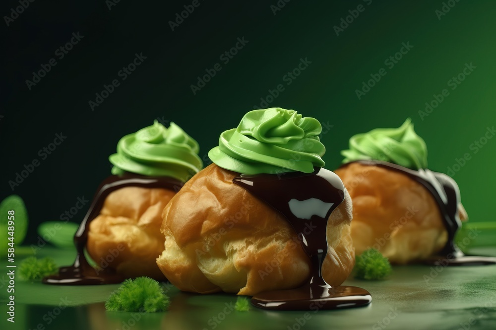  three pastries with green icing and chocolate drizzled on top of each other on a green surface with