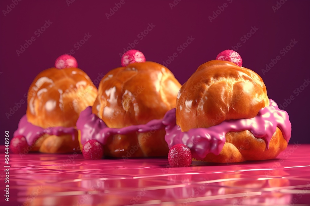  a group of buns with pink icing on them sitting on a table next to a purple wall and a purple backg