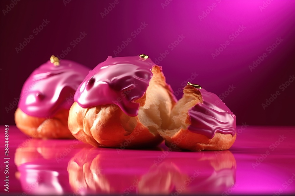  a half eaten donut sitting on top of a pink table top next to a purple wall and a purple light in t