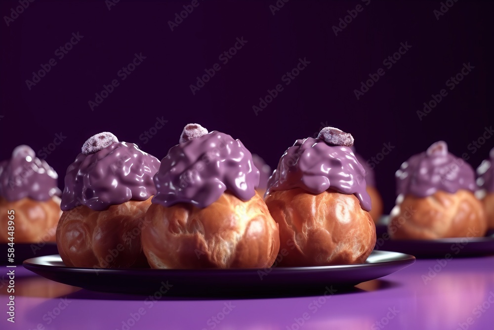  a plate of donuts with purple icing on them on a purple tablecloth with a purple background and a p