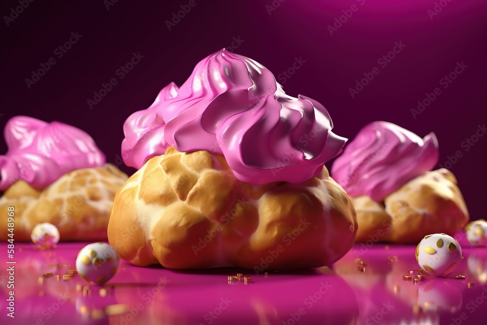  a group of desserts with pink frosting on top of them on a purple surface with white balls around t