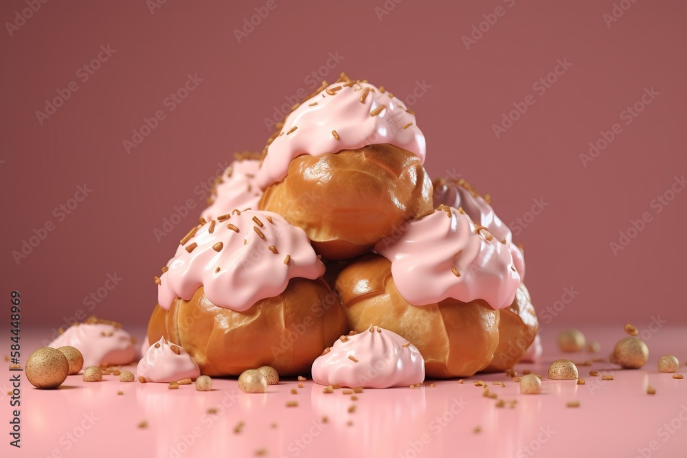  a pile of donuts with pink icing and sprinkles on a pink surface with a pink background and a pink 