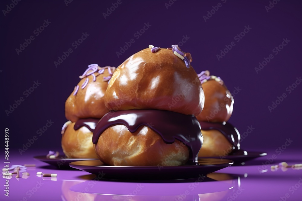  a pile of doughnuts sitting on top of a purple plate on a purple tablecloth with a purple and purpl