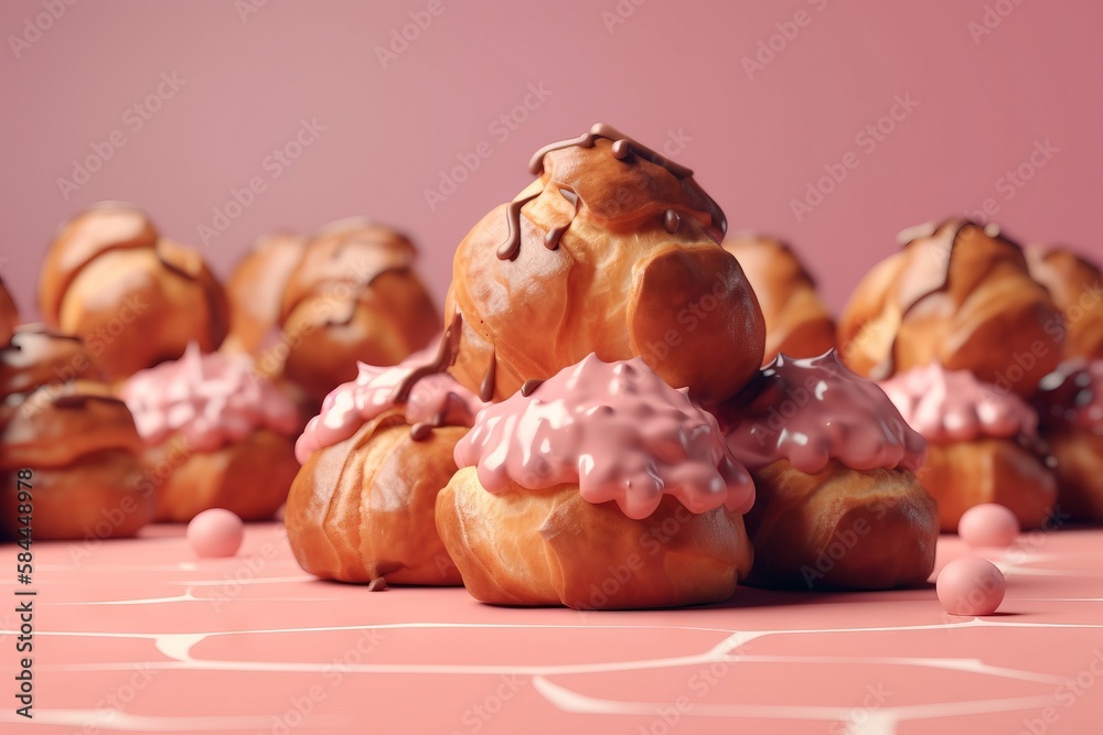  a group of donuts with pink icing on them sitting on a table with a pink background and a pink wall