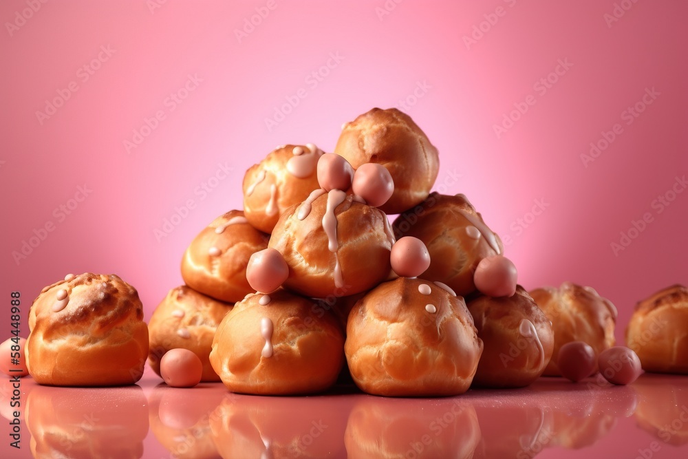  a pile of doughnuts sitting on top of each other on a pink surface with a reflection on the floor a