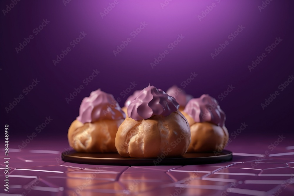  a group of donuts sitting on top of a plate covered in frosted icing on a purple surface with a pur