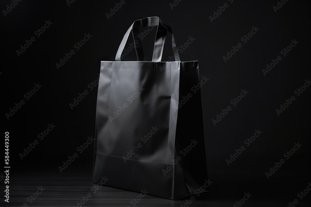  a black bag on a black background with a reflection of the bag on the floor in the middle of the im