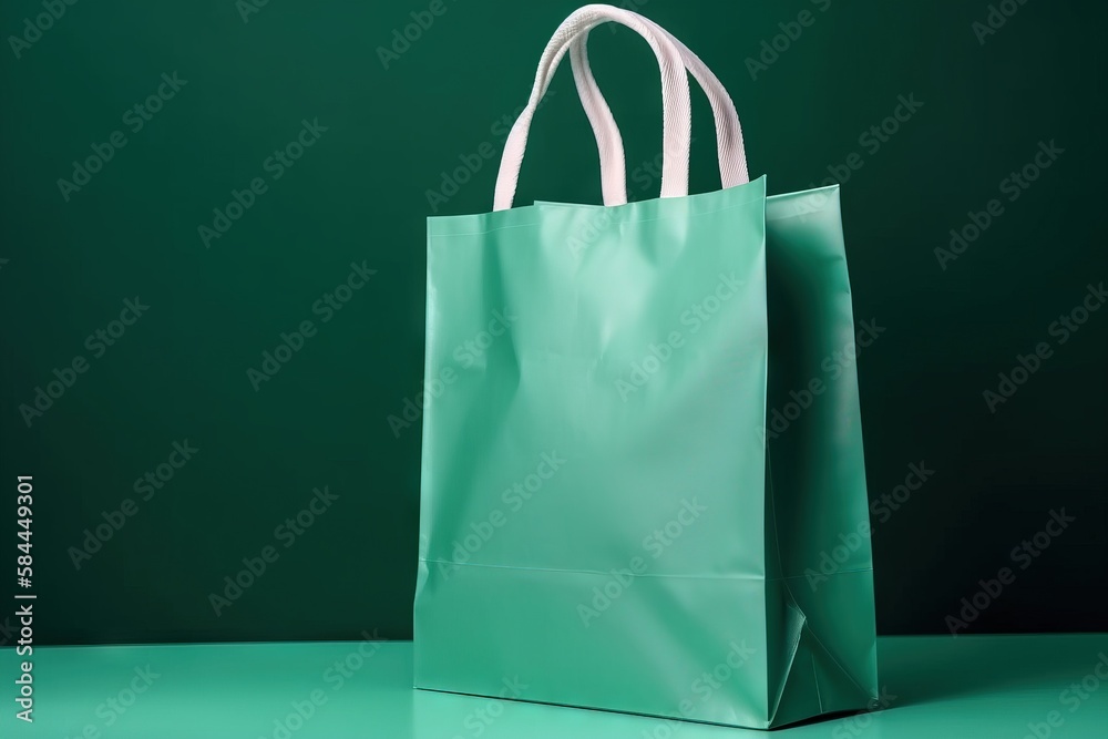  a green shopping bag on a green surface with a white handle and a white handle on the top of the ba