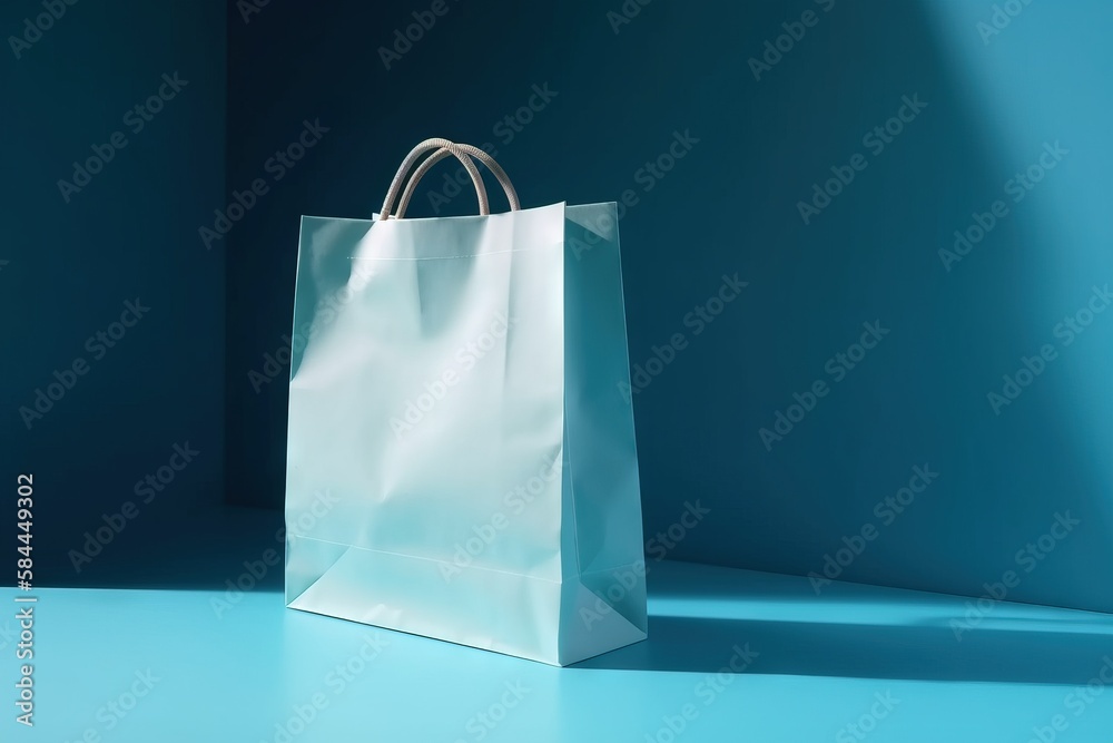  a white bag sitting on top of a blue floor next to a blue wall with a light coming through it and a