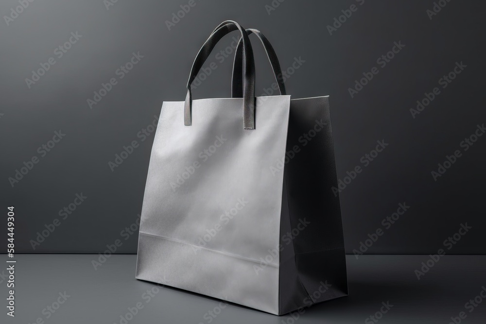  a white shopping bag on a grey background with a black handle and a black strap on the handle of th