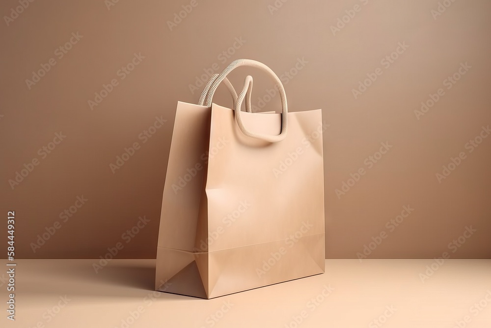  a brown paper bag with a handle on a beige surface with a brown wall in the background and a white 