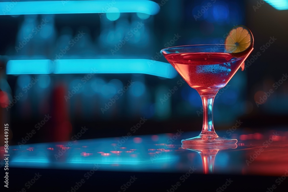  a red drink in a martini glass with a lime slice on the rim of the glass on a bar countertop with a