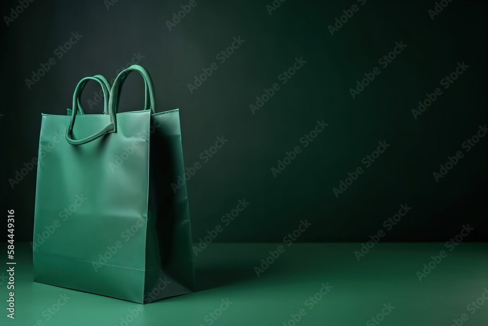  a green shopping bag on a green surface with a black background in the corner of the image is a dar