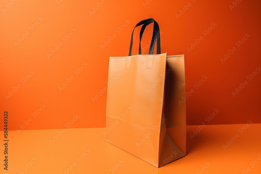  a brown paper bag sitting on top of an orange table next to a black bag with a black strap on it an