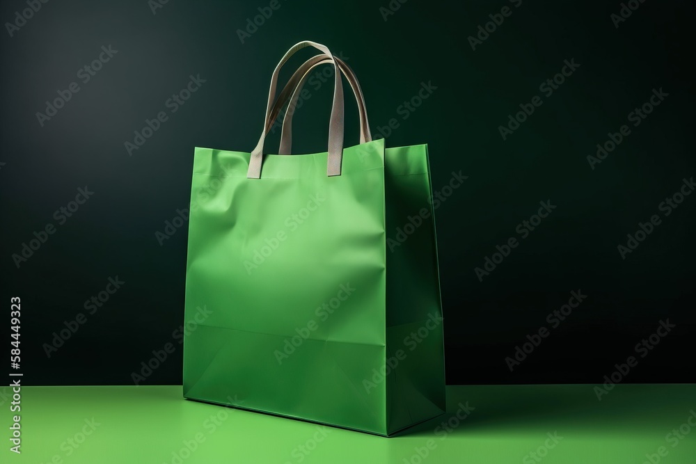  a green shopping bag sitting on a green surface with a black background and a green background behi