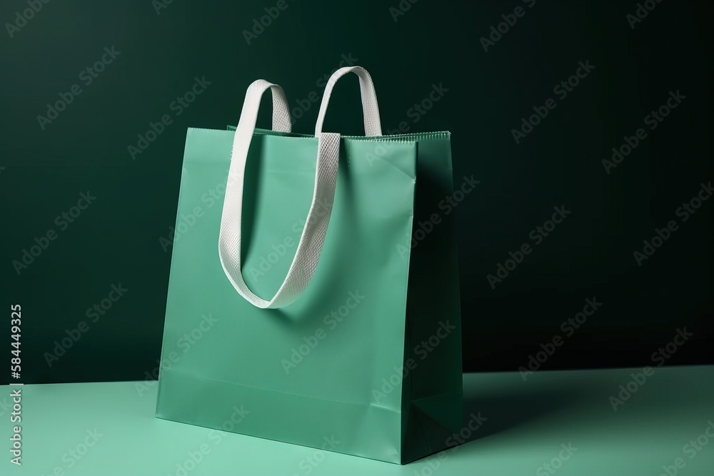  a green shopping bag with a white handle on a green surface with a black background with a white st