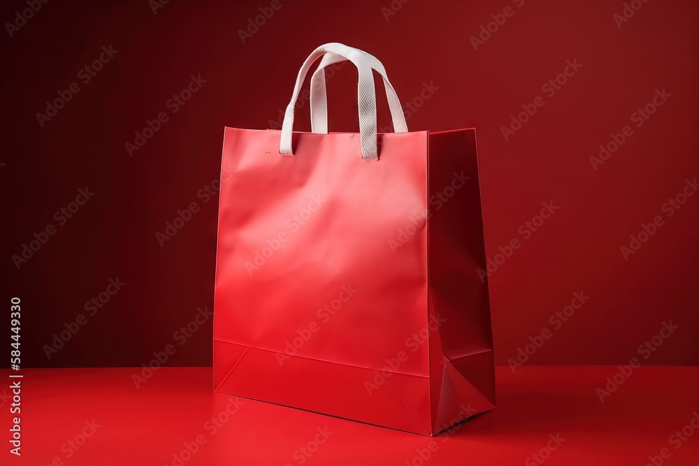  a red shopping bag on a red surface with a white handle and handles on the top of the bag is a whit