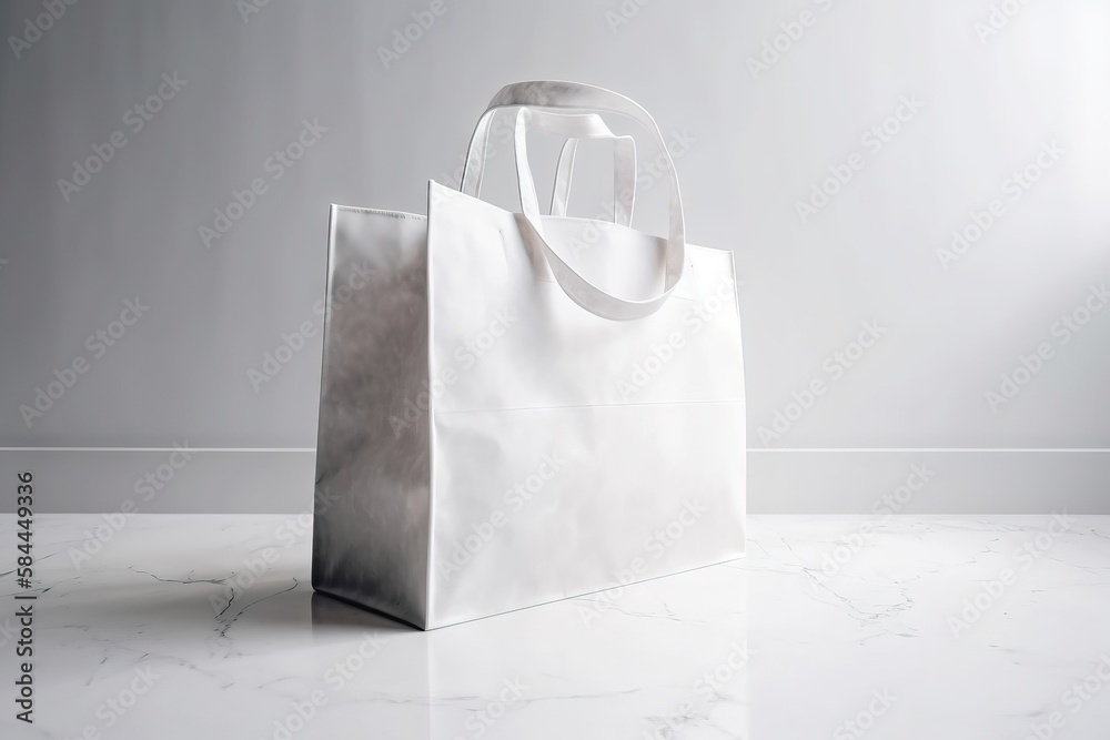  a white bag sitting on top of a white counter top next to a white wall and a gray wall in the backg