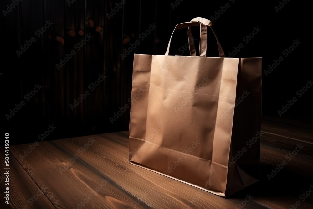  a brown paper bag sitting on top of a wooden table next to a black wall and a wooden floor with a w