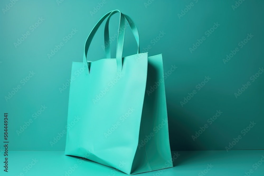  a green shopping bag on a blue background with a green wall in the background and a green wall in t