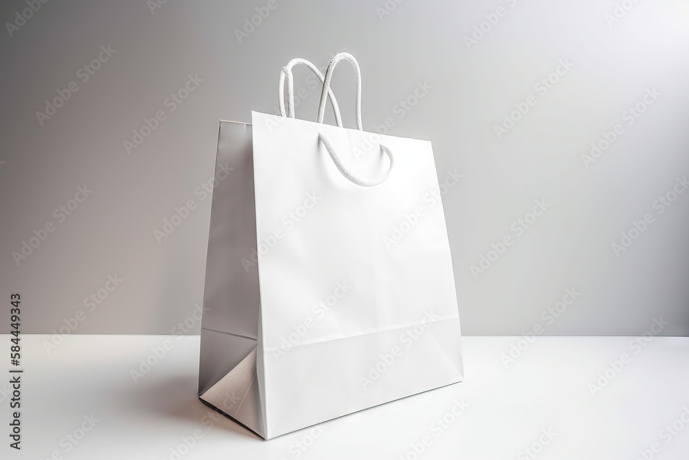  a white bag sitting on top of a white counter top next to a white wall and a gray wall in the backg