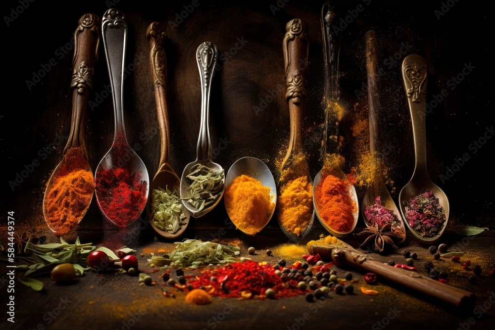  a group of spoons filled with different types of spices and spices on a table next to a pile of spi