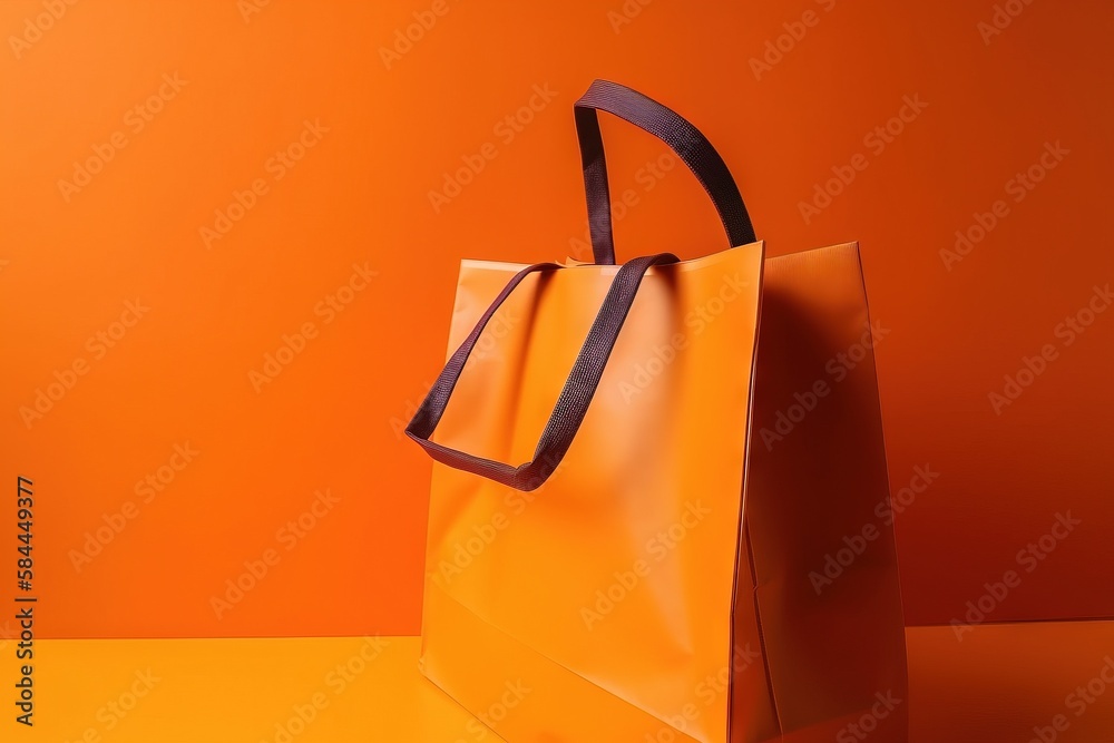  an orange shopping bag with a brown handle on an orange background with a black strip on the bottom