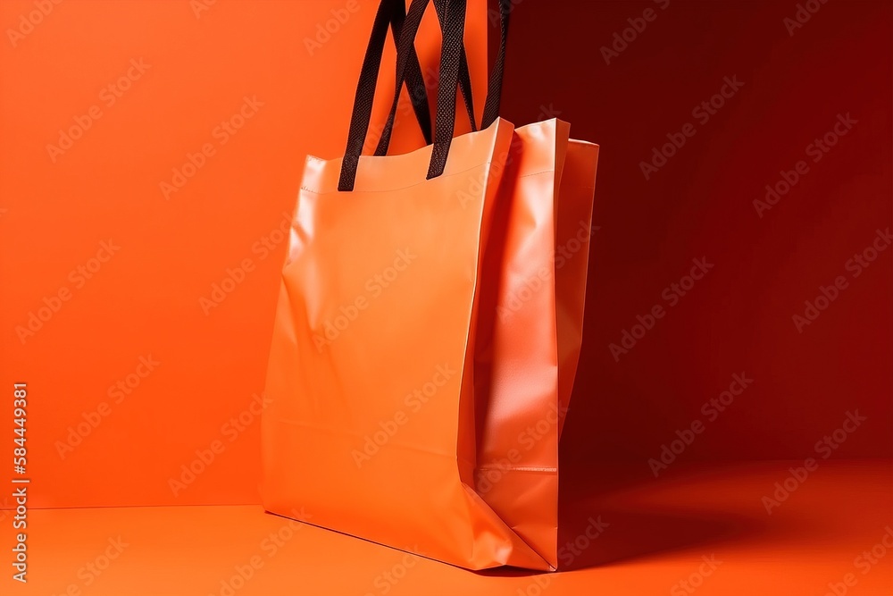  a brown bag sitting on top of an orange surface with a black handle on top of it and a black handle