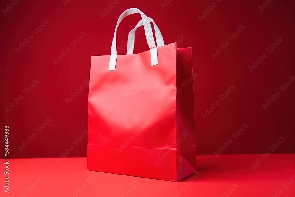  a red shopping bag on a red surface with a white handle and a white strip on the handle of the bag,