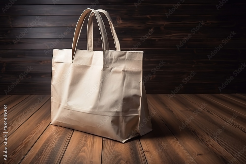  a white bag sitting on top of a wooden floor next to a wall with a wooden floor and a wooden wall b