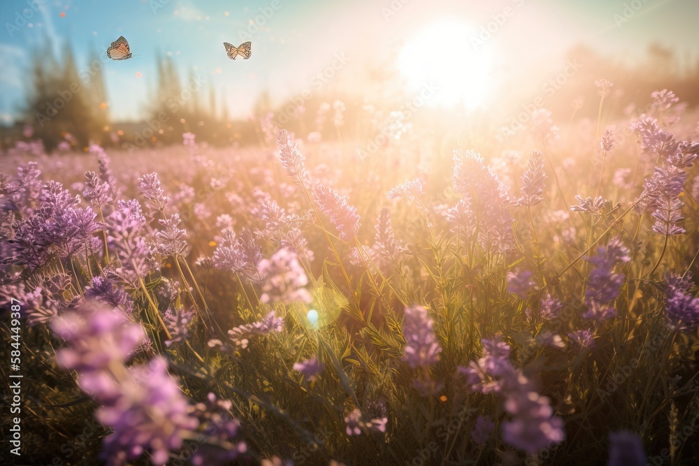  a field full of purple flowers with a butterfly flying over it in the distance with the sun in the 