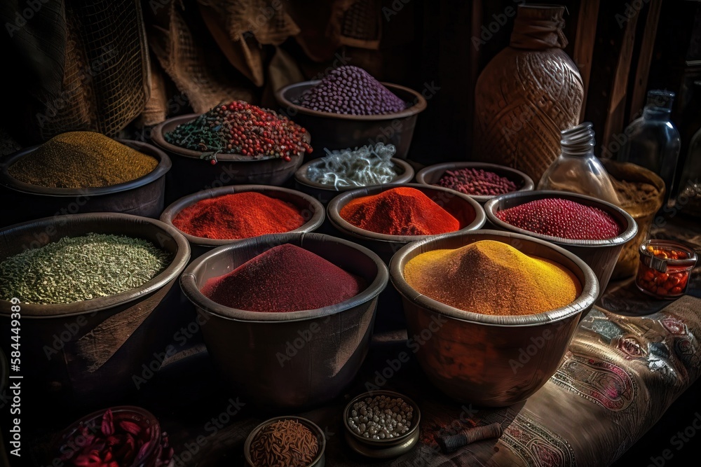  a table topped with bowls filled with lots of different colored powdered items next to a vase of fl