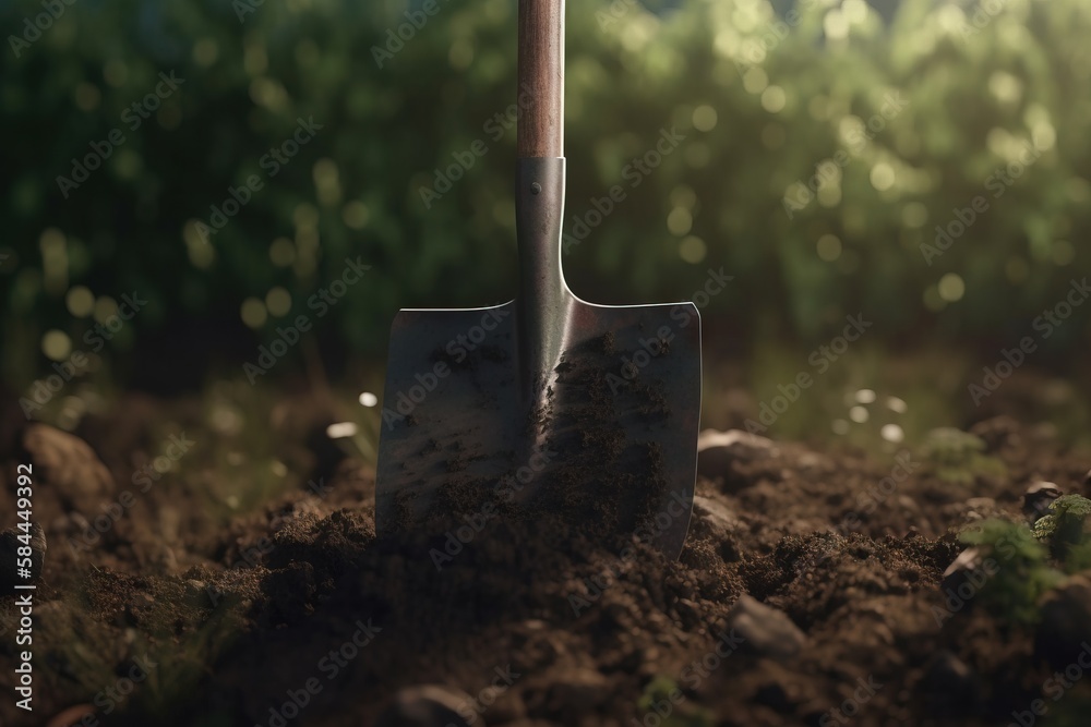  a shovel in the dirt with a blurry background of trees in the background and bushes in the foregrou