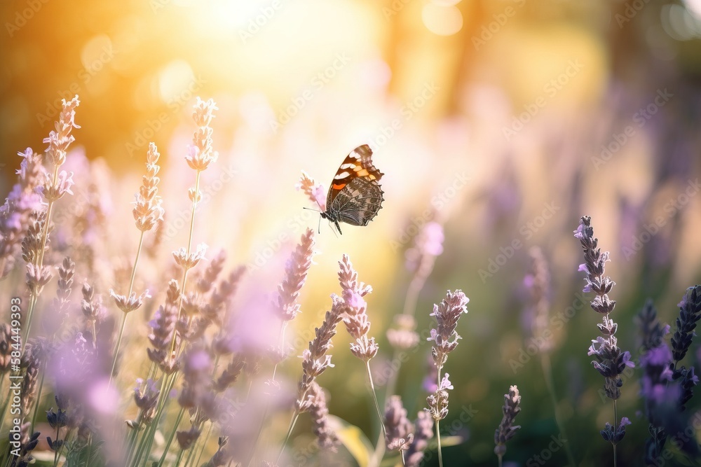  a butterfly sitting on a flower in a field of lavenders with the sun shining through the trees in t