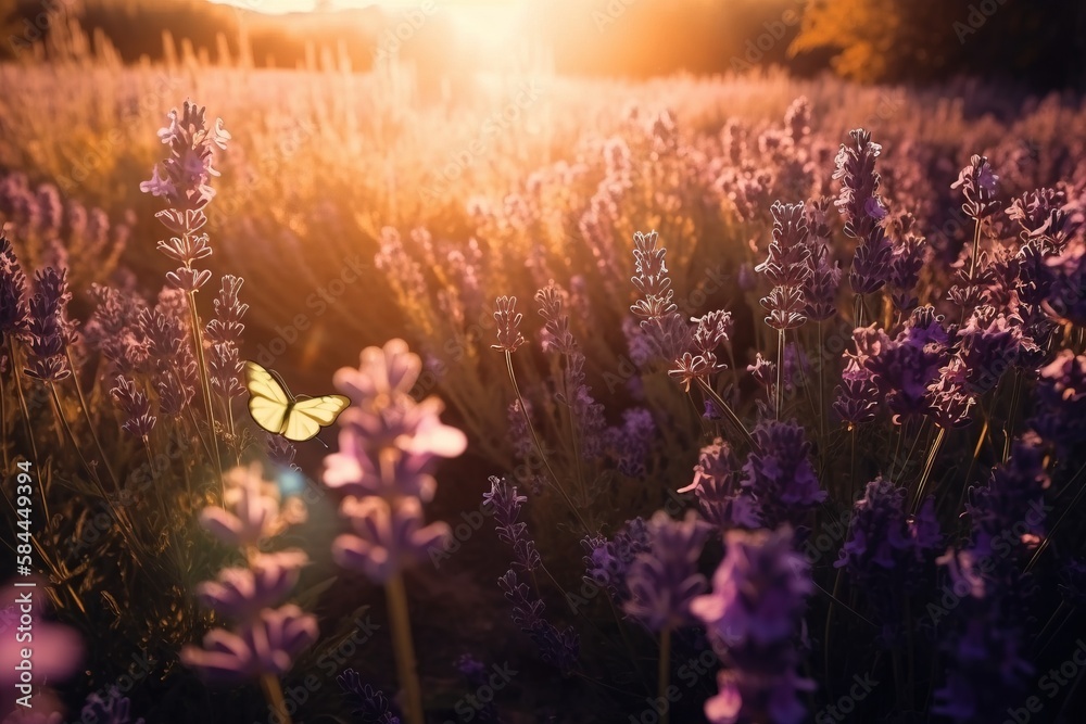  a field of lavender flowers with a butterfly flying in the sky above it at sunset or sunrise or sun