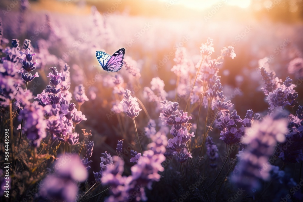  a blue butterfly flying over a field of lavender flowers in the sunlit sunbeams of a field of laven